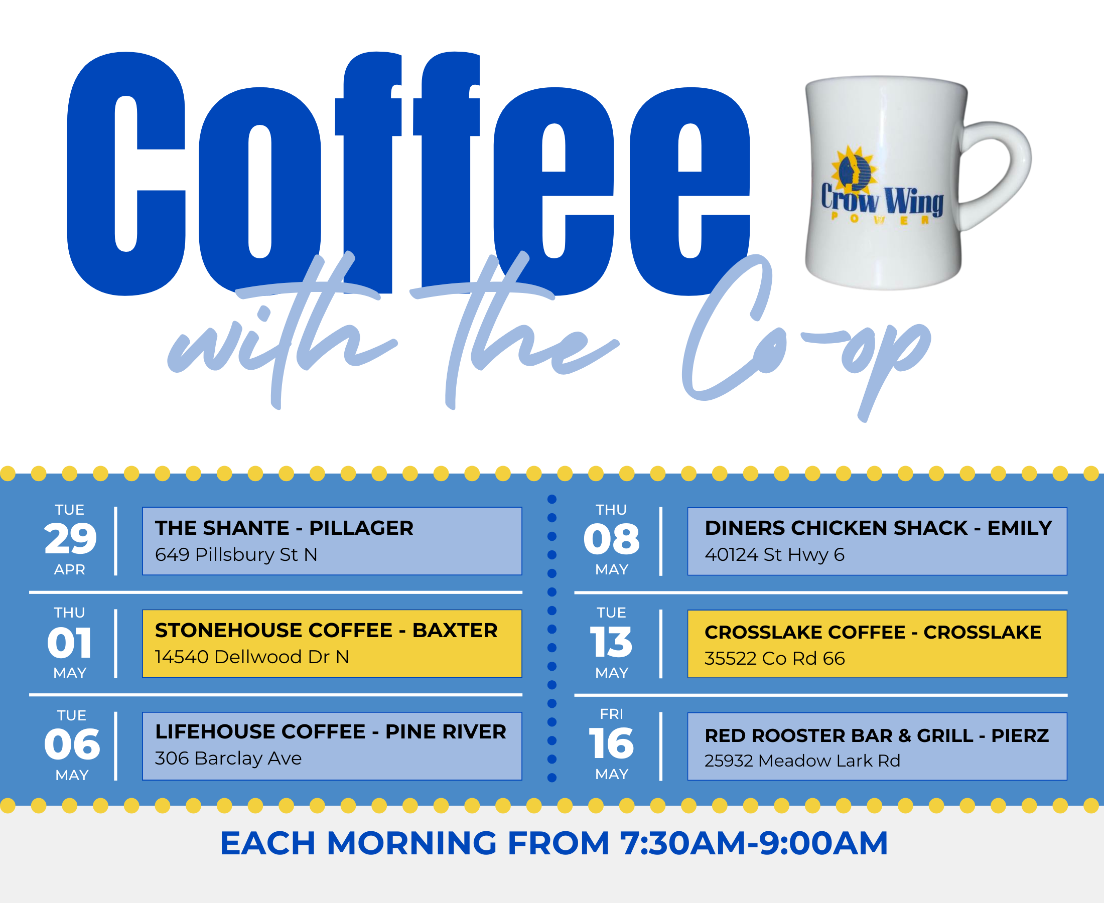graphic with schedule of coffee with the coop