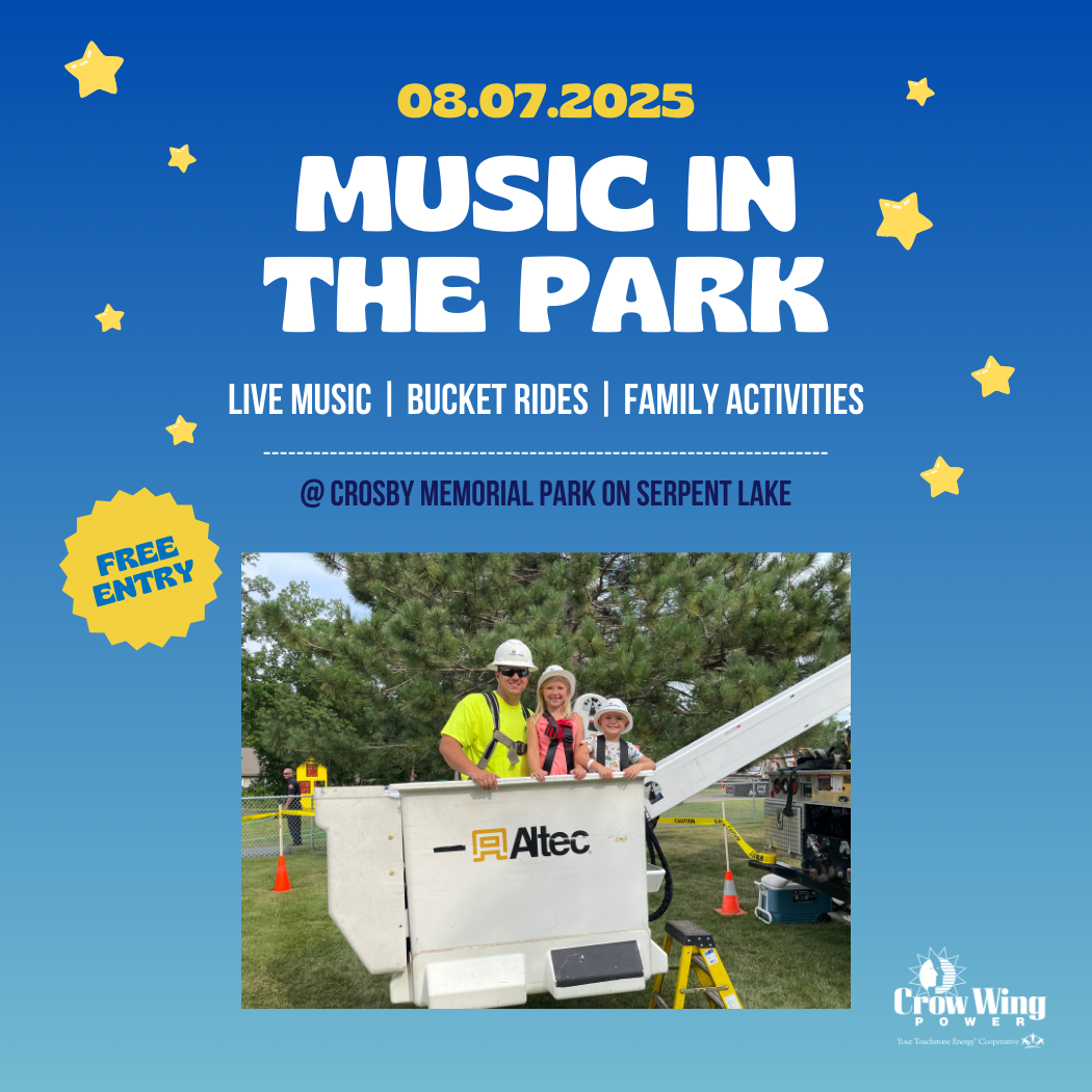 music in the park graphic with pic of lineman in bucket