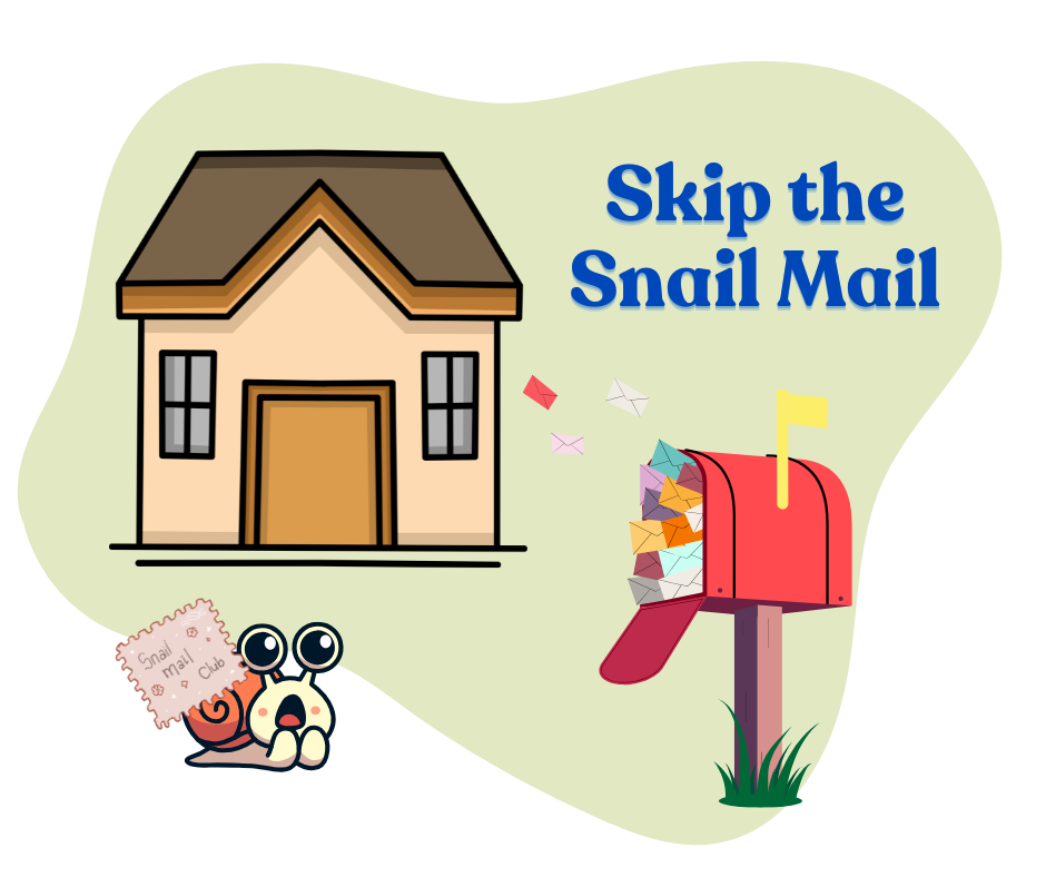 skip the snail mail overflowing mailbox graphic